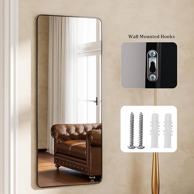 Black Full Length Mirror 16 x 59 Inch Nano Floor Mirrors with Stand, Rounded Corner Full Body Mirrors with Aluminum Alloy Frame for Bedroom Living Room Checkroom