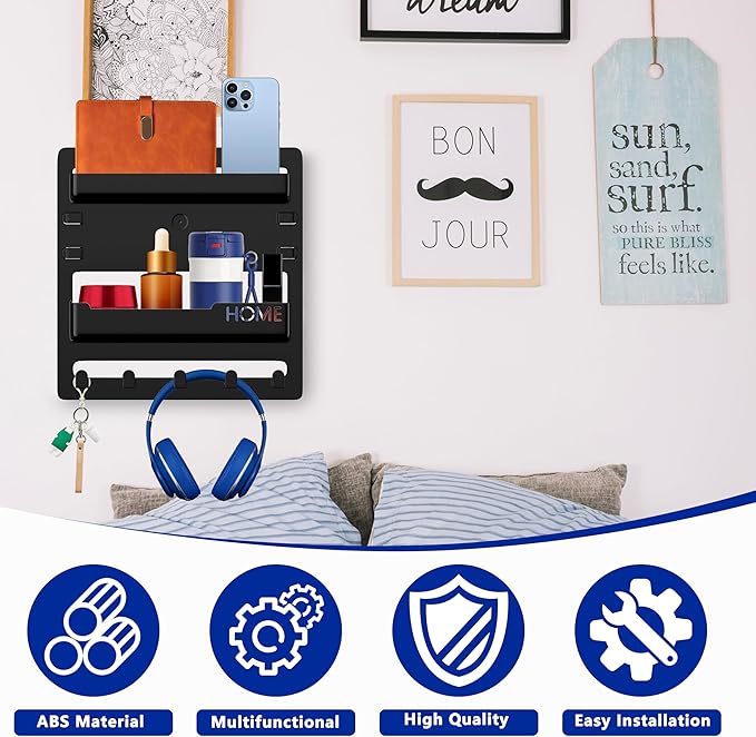 Bedside Wall Mount Organizer,Bedside Wall Shelf Accessories Floating Shelves Stick On for Bedroom Storage Organization,Aesthetic Room Dorm Decor for Girls,Cute Stuff for Teens,5 Hooks-Black