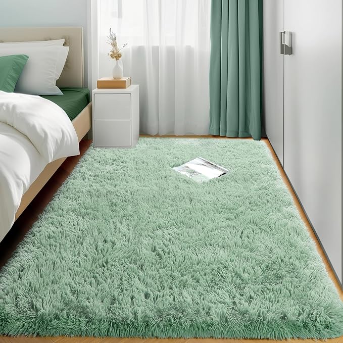 Sage Green Rugs for Bedroom Living Room Aesthetic, Fluffy Furry Area Rug 5x8 for Nursery, Classroom, Teen Boys, Baby Kids Room Decor, Cute Shaggy Carpet for Playroom Dorm, Fuzzy Plush Light Mint Rug