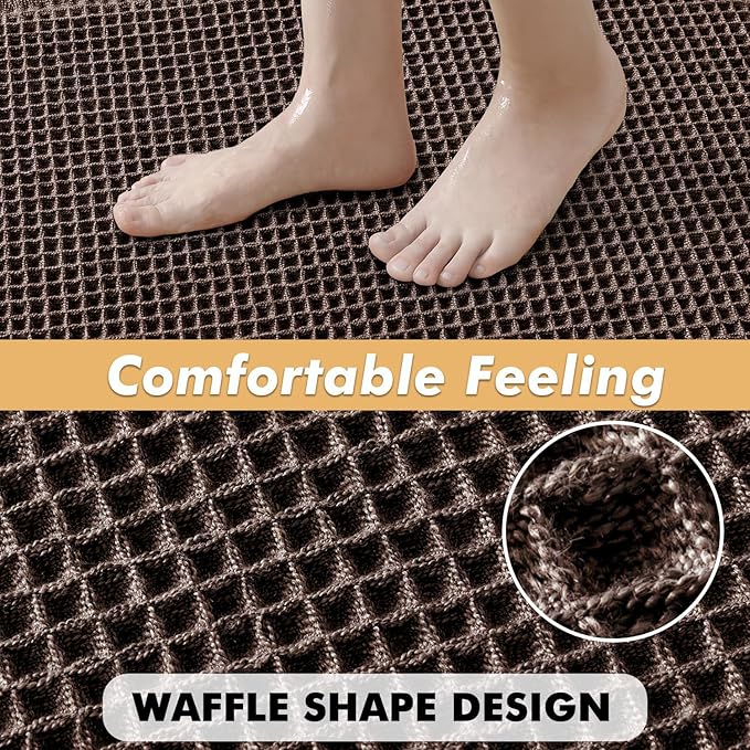 MIULEE Set of 2 Waffle Bathroom Rugs, Boho Bath Rugs Non Slip Washable, Super Absorbent Bath Mats, Ultra Soft Rubber Backed Shower Mats for Bathroom Floor, Tub, Chocolate, 17"x24"+18"x30"