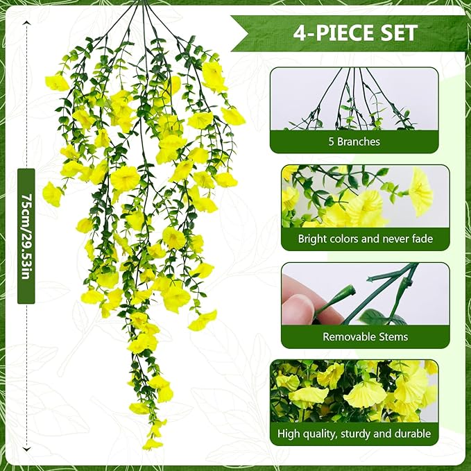 4-Pack Fake Hanging Plants, Faux Hanging Plant Artificial Greenery for Living Room Bedroom Boho Wall Shelf Indoor Outdoor Decor (Yellow Morning Glory)