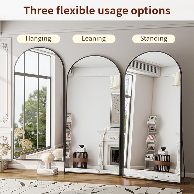 71"x25" Arched Mirror Full Length, Standing Floor Mirror, Wall Mounted Mirror with Aluminum Frame - for Standing, Leaning or Hanging, for Living Room Dressing Room, Black