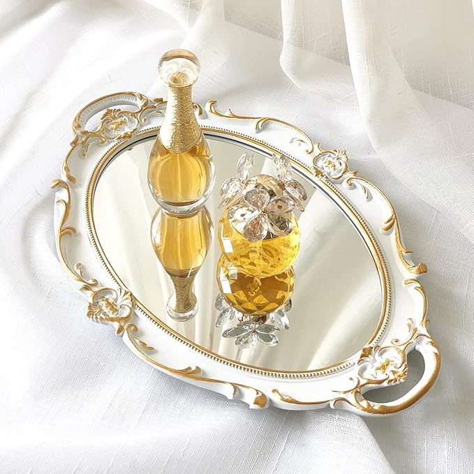 Oval Decorative Mirror Tray, French Style, Makeup Organizer, Jewelry Organizer, Serving Tray, 9.8"x 14.6", Golden White