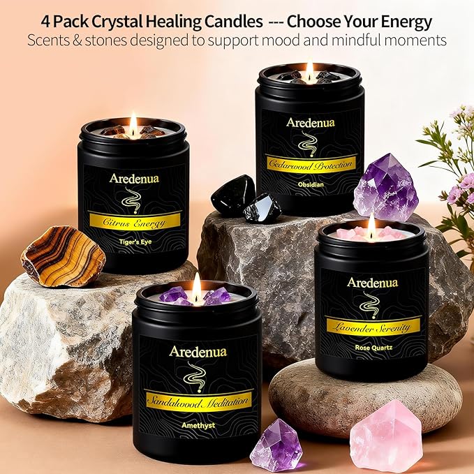 Scented Candles Set, 4 Pack Crystal Healing Candles with Rose Quartz Amethyst Tiger Eye Obsidian, 7oz Natural Soy Wax Candles, Lavender Citrus Sandalwood Cedar, Meditation Gifts for Women Men