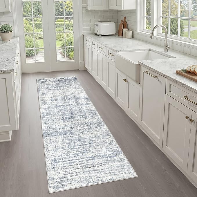 Runner Rug Non-Slip Kitchen Rug: 3x8 Washable Abstract Modern Soft Stain Resistant Indoor Floor Neutral Accent Throw Carpet for Hallway Bathroom Laundry Room Bedroom Entryway- Blue