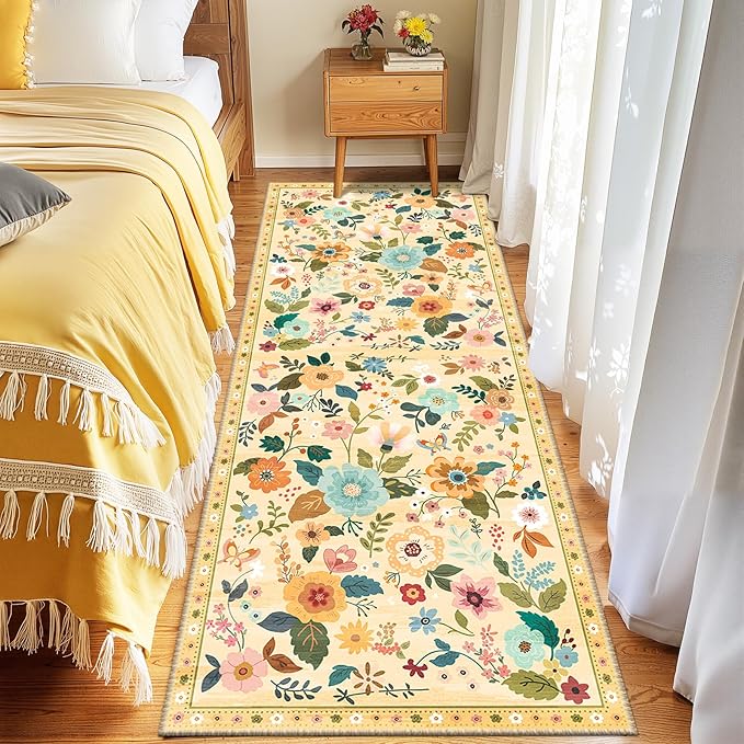 RELEANY Floral Nursery 2x8 Area Rugs Washable Print Boho Cute Carpet Non Slip Flower Low Pile for Living Room Kids Girls Playroom Bedroom Kitchen Office Farmhouse-Ivory/Yellow