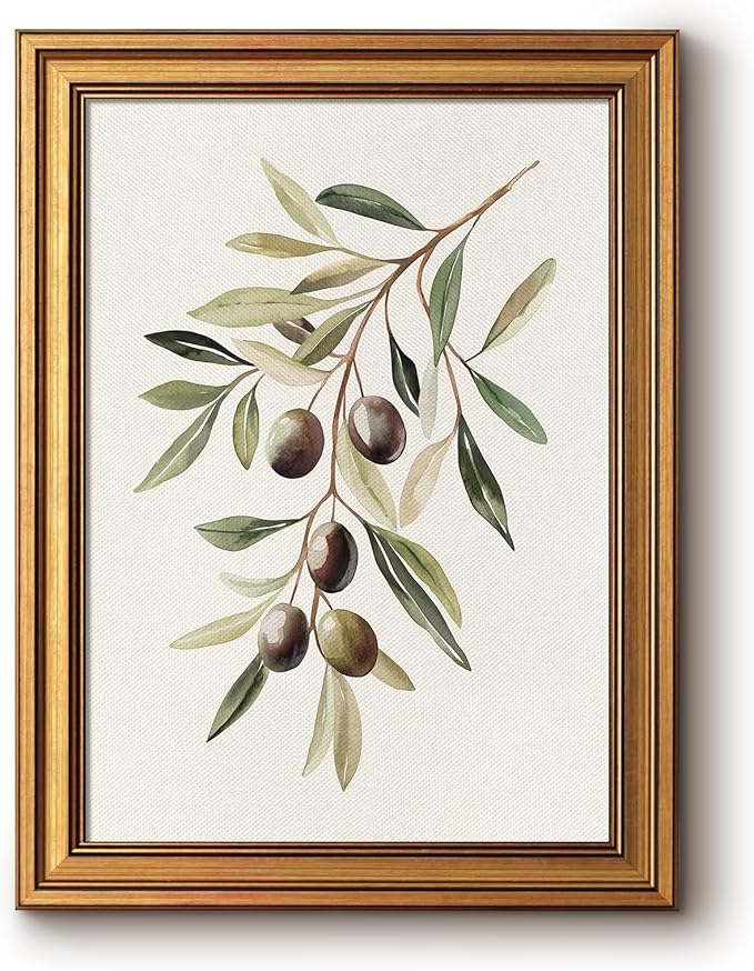 Bzstyleart Vintage Wall Art Decor for Bedroom, Watercolor Olive Branch Botanical Wall Art, Gold Framed Artwork, Vintage Botanical Prints, Room Decor Aesthetic for Kitchen, 12 x 16 Inch
