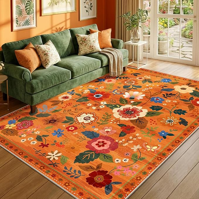 RELEANY Floral Nursery 5x7 Area Rugs Washable Print Boho Cute Carpet Non Slip Flower Low Pile for Living Room Kids Girls Playroom Bedroom Kitchen Office Farmhouse-Burnt Orange