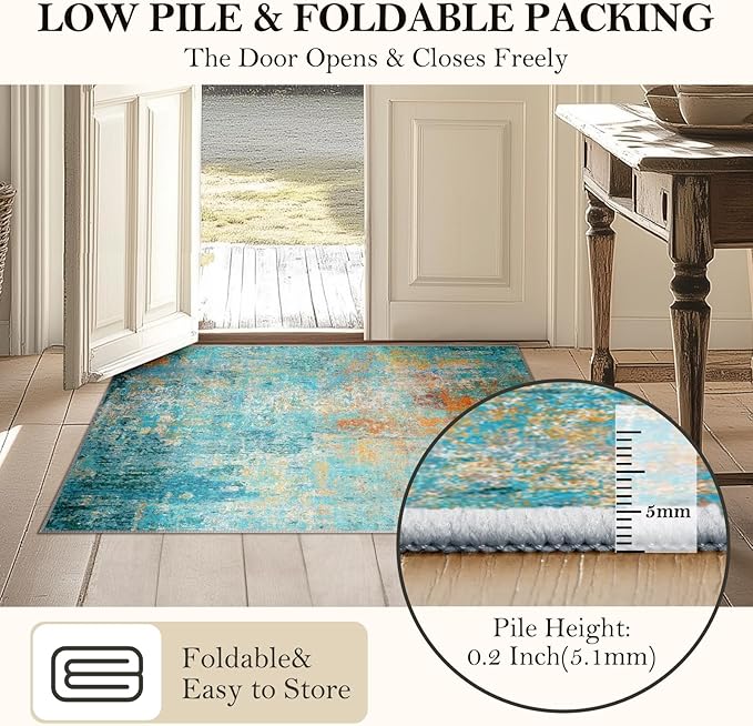 RELEANY Washable Area Rugs 8'x10' Non-Slip Modern Abstract Soft for Living Room Entryway Bedroom Nursery, Print Pattern, Teal Blue Green Orange Rust Red Colorful