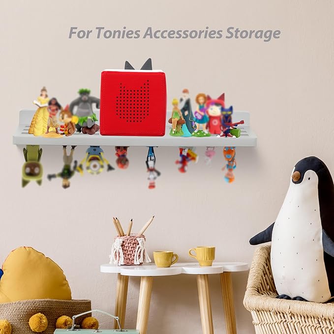 For Tonies Figures Shelf Magnetic,for Tonie Box Wall Shelves,for Tonies Characters Organizer Audio Toy Storage (Holds 36 Figurines),Compatible Charging Station for Children Kid's Room,Oak,Gray White