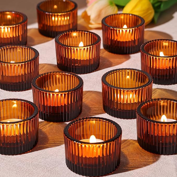 HAVITI 24 Pack Amber Tealight Candle Holders, Glass Votive Candle Holders Fall Decorations for Home Table Fall Wedding Centerpieces, Party Supplies and Vintage Decor