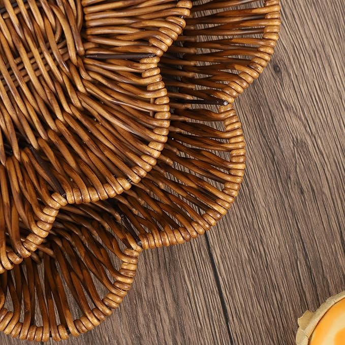 2 Pack Natural Rattan Flower Shaped Storage Bowl 11" Hand Woven Basket Tray for Bread Fruit Key Round Kitchen Entryway Tabletop Decorative