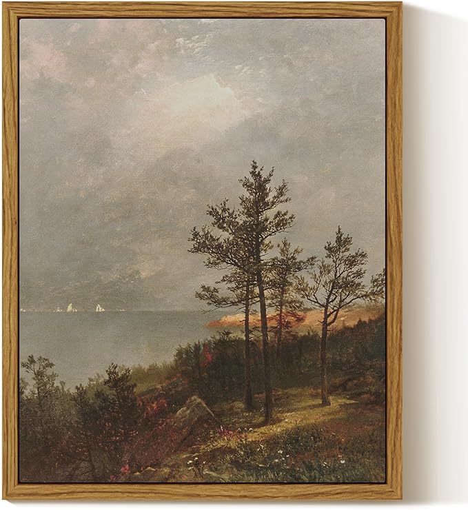 InSimSea Framed Canvas Wall Art, Vintage Lakeside Landscape Painting, Rustic Nature Scenery Decor for Living Room Shelf Hallway,10x8in, Neutral Tones