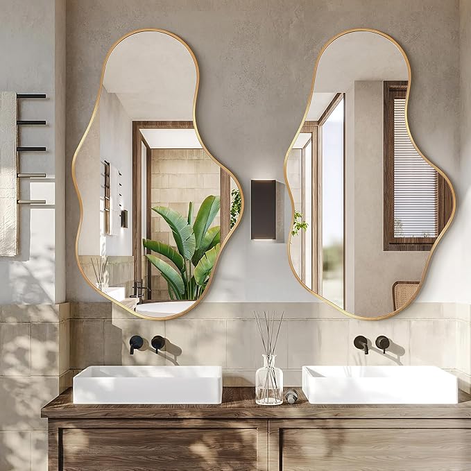 Dorlicecass Irregular Wall Mirror - Wall Mirrors Decorative 24"x 40" Asymmetrical Abstract Mirror Aviation Aluminum Alloy Frame Unique for Bathroom, Bedroom, Living Room, Cloakroom, Entryway Gold