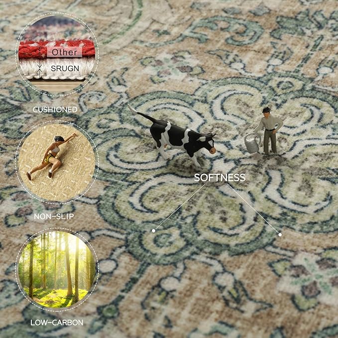 Srugn Washable Rugs 8x10 Area Rugs for Living Room,Rugs for Bedroom,Large Carpets,Ultra Soft Faux Wool Retro Dining Room Rug,Non Slip&Non-Shedding Low Pile Vintage Print Rug for Home Office,Green