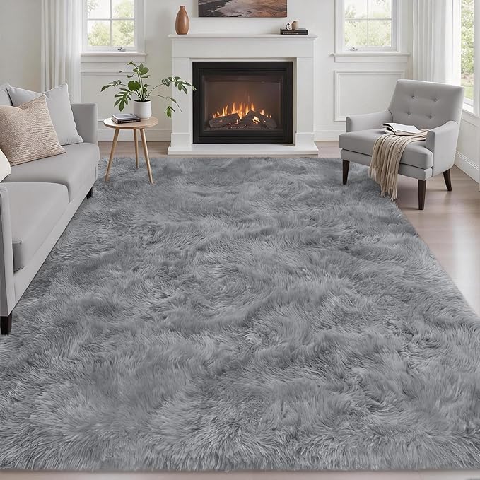 6x9 Area Rugs for Living Room Bedroom: Ultra Soft Fluffy Shag Rug Upgrade Non-Slip Non-Shedding Large Fuzzy Plush Carpet Indoor Floor Carpets for Kids Room Playroom Nursery Dorms Home Decor Light Gray