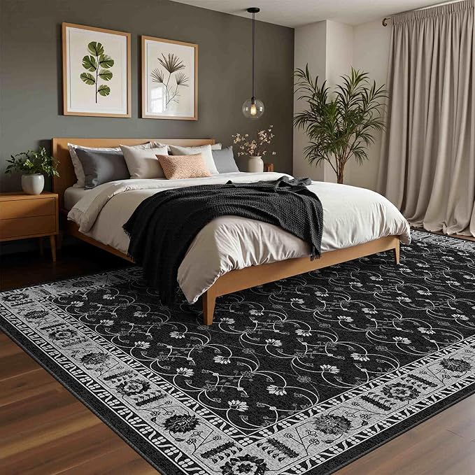 Rugxara Black Rug Area Rugs 5x7, Washable Rugs for Living Room, Vintage Boho Rug for Office, Dining Room, Kids Room and Farmhouse, Durable Low Pile Non-Slip Area Rug for High Traffic Areas(Black 5x7