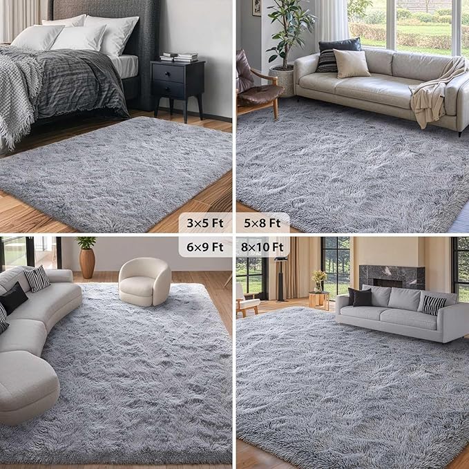 FinRèc 6x9 Feet Rugs for Living Room Bedroom, Soft Light Grey Fluffy Area Rug, Non-Slip Solid Shag Rug for Nursery Kids Room Dorm Room Home Decor, Indoor Floor Carpet