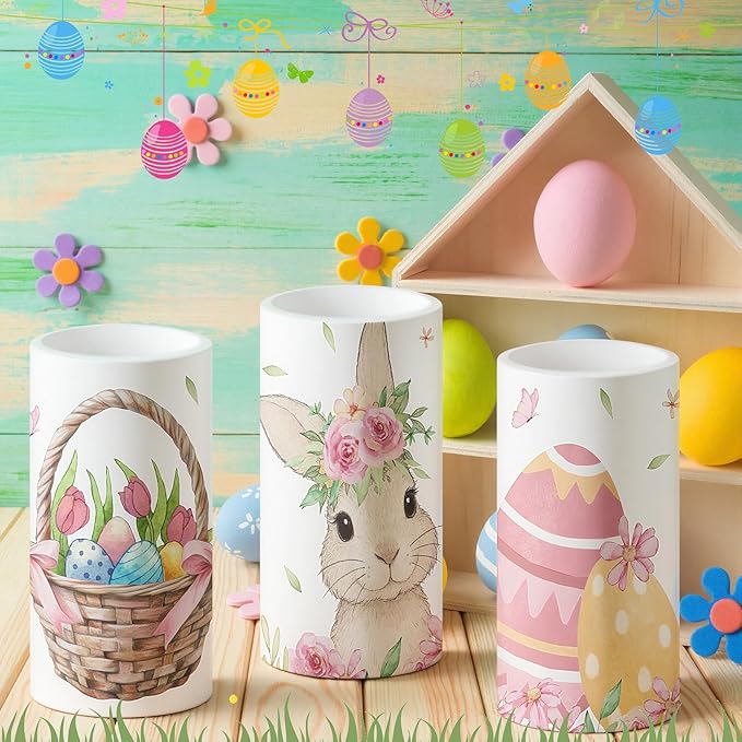 Retisee 3 Pcs Colorful Easter Flameless LED Candles Battery Operated Bunny Spring Flickering Pillar Candles with Remote Pastel Easter Decoration Centerpiece for Bedroom Living Room Dinner Table Decor