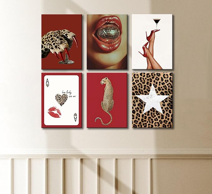 6pcs Trendy Red Fashion Leopard Wall Art Funky Lucky Wall Decor Ace Of Hearts Spades Poker Canvas Prints Vintage Room Aesthetic Pictures Posters Cheetah Painting for Girly Apartment Dorm Framed