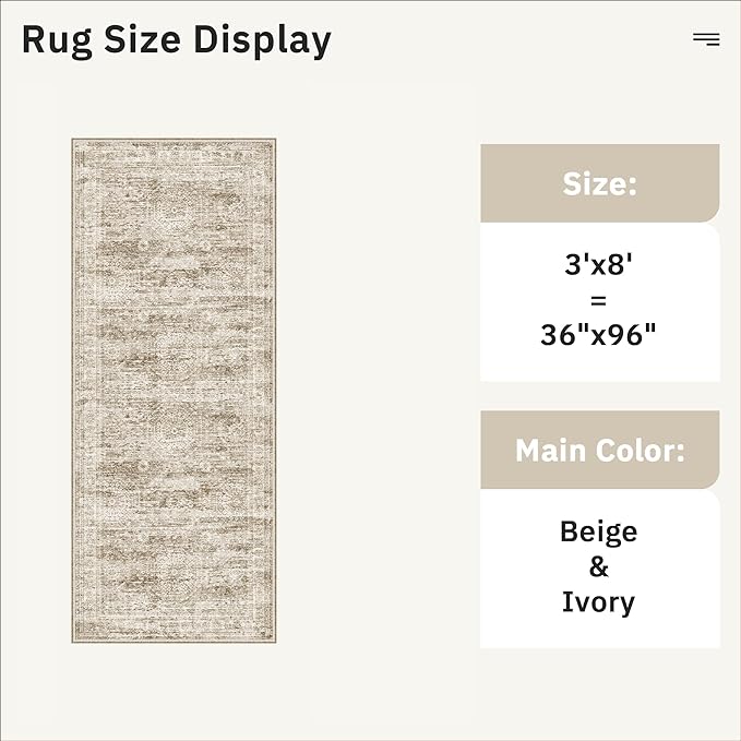 Soalmost Runner Rug 3x8 Washable Non-Slip Hallway Runner Rugs for Kitchen Bathroom Laundry Room Brown Vintage Floor Carpet Runners for Hallways Entryway