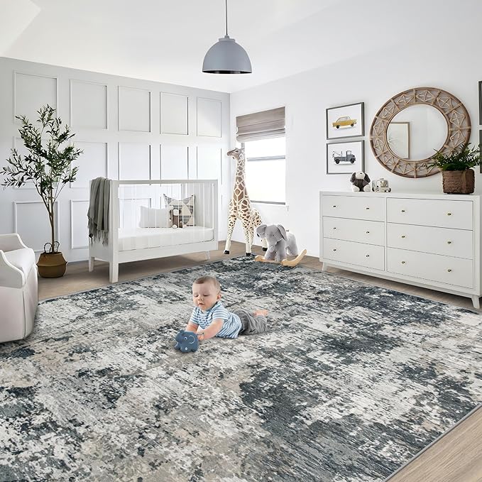XLUEZ 9x12 Area Rug for Living Room, Washable Modern Abstract Large Area Rug Neutral Soft Non Slip Kids Rug Stain Resistant Indoor Carpet for Bedroom Dining Room Playroom Office(GreyWhite, 9'x12')