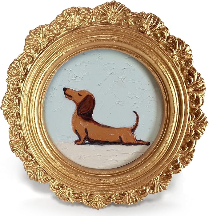 Small Vintage Dachshund Dog Round Picture Frame Wall Decor, Funny Wiener Gold Mini Ornate Photo Frame for TableTop Desk 2.7in Photo, Cute Rustic Framed Artwork for Walls Office Bedroom Shelf