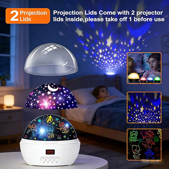 MOKOQI Kid Light Projector Superhero Toys for Boys 5-7 Avengers Night Light Projector with Timer for Kids Room, 360 Degree Rotation Toddler Nightlights with Spiderman Figurine Star Lamps White