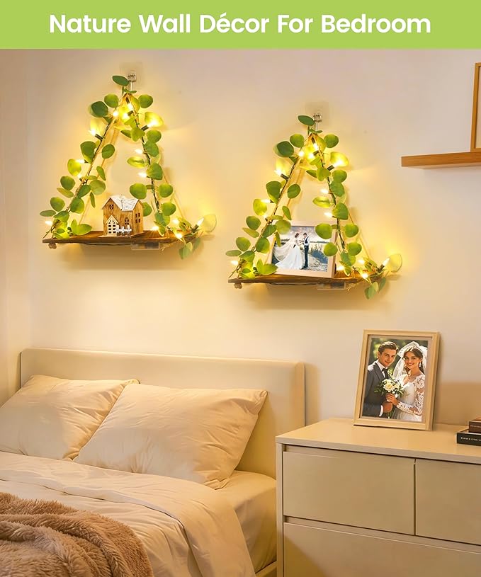 Macrame Hanging Shelf for Wall Decoration with Eucalyptus Lighted Garland,2 Pack Boho Hanging Shelves&Greenery Eucalyptus Garland with Lights for Bedroom Living Room Boho Wall Décor, Wedding Décor