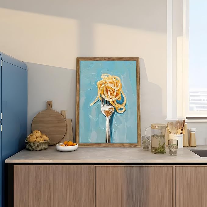 Framed Kitchen Wall Art, Vintage Spaghetti Canvas Wall Decor, Rustic Farmhouse Still Life Oil Painting, Trendy Funny Kitchen Food Artwork Prints Pictures for Dining Room Decorations 16x24 Inch