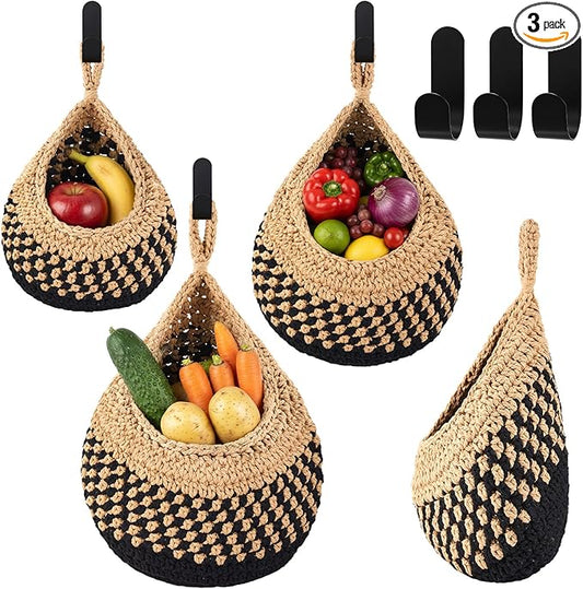 Honeydak Boho Decor Hanging Wall Baskets for Kitchen 3 Pack Teardrop Baskets with Hooks Storage Fruit Onion Vegetable Potato for Home 3 Sizes(Linen with Black,Teardrop,Cotton Rope)