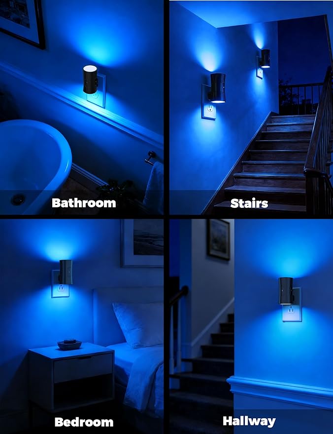 fesnne Night Light, 2-Pack Dimmable Plug-in Night Light with Auto On/Off & 90°Rotatable Plug, 0-100LM Adjustable Brightness, 1W Ultra Low Energy for Bedroom, Hallway, Bathroom, Nursery, Kids, Blue