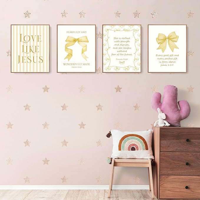 LARTSFRO Coquette Yellow Bow Jesus Wall Art Decor Posters, Butter Yellow Bow Christian Room Bedroom Bathroom Dorm Wall Art Decor Aesthetic for College Teen Girls Gifts, Inspirational Bible Verses Bow Wall Decor, 10x8 Inch Set of 4 Bow Pictures(UNFRAMED)