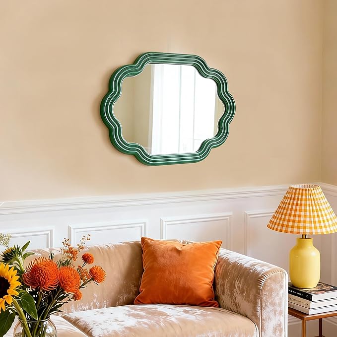 Green Wavy Oval Mirror 16x20 Scalloped Wall Mounted Unique Wooden Frame Modern Mirror for Bedroom Living Room Entryway Hallway