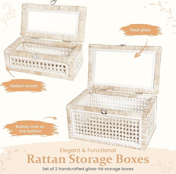 Large Set of 2 Handwoven Rattan Decorative Boxes with Glass Lids - Stackable Wicker Storage Boxes for Home Decor - Coffee Table Box Organizers - Woven Box with Lid for Shelves