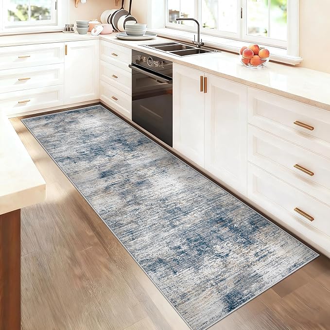 XLUEZ 2x7 Runner Rug for Hallway, Washable Modern Abstract Runner Rugs Neutral Soft Non Slip Kids Rug Stain Resistant Indoor Runners for Entryway Bedroom Kitchen Laundry Room(BlueWhite, 2'x7')