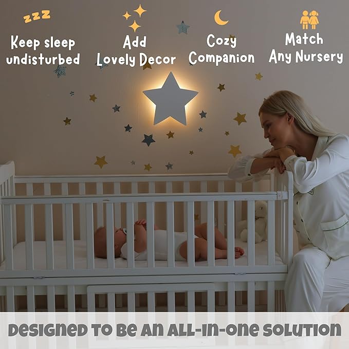KALEOLI Star Wall Night Light with 106 Moon and Stars Wall Decals Set for Nursery – Rechargeable & Dimmable Crib and Toddlers Night Light - 90 Min Timer for Bedtime Routine