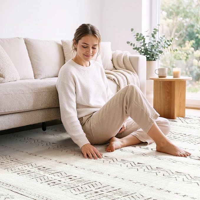 cotiled 6x9 Area Rug Living Room: Washable Boho Rugs with Non Slip Backing Large Soft Indoor Stain Resistant Carpet for Bedroom Farmhouse Dining Room Lightweight Home Decor L Brown/Cream