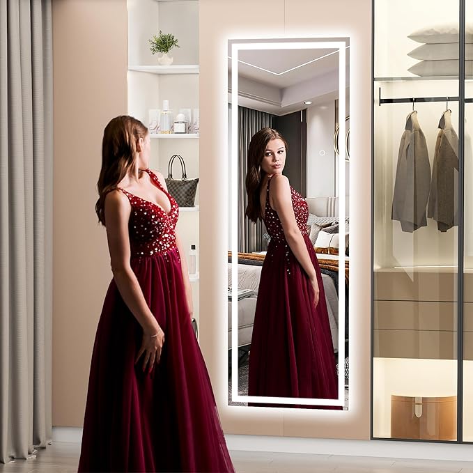 Hasipu Full Length Mirror with Lights, 56" x 15.8" LED Floor, Full Body Dressing Standing, Hanging Mounted Mirror, Square Black
