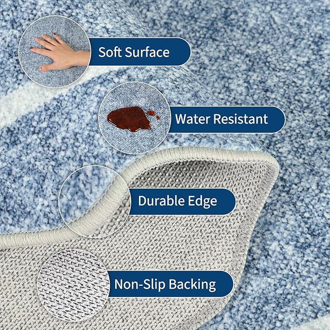 GarveeHome Scalloped Round Washable Rug, Soft Modern Round Rugs 5ft Circle Carpets for Bedroom Ultra-Thin, Boho Blue Print Distressed Circular Carpet for Living Room Dorm Bedside, Blue
