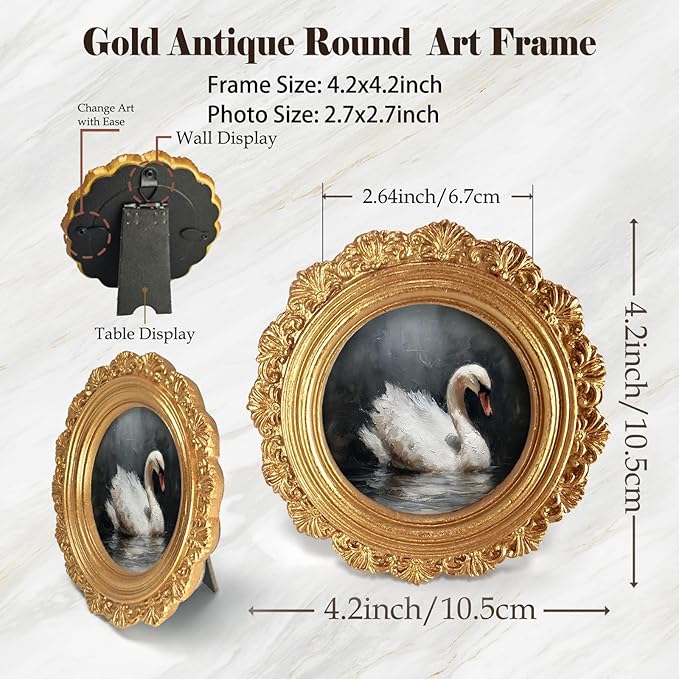 Small Vintage Swan Round Picture Frame Wall Decor, Dark Goose Gold Mini Ornate Photo Frame for TableTop Desk 2.7in Photo, Rustic Framed Artwork for Walls Office Bedroom Shelf