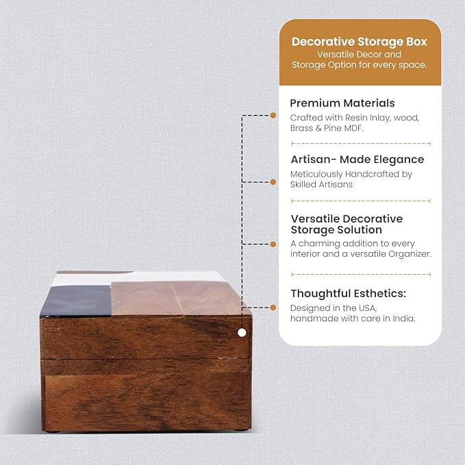 Handicrafts Home Decorative Storage Box, Keepsake Box Jewellery Organiser Abstract Wood Box, Handmade Wooden Jewelry Box with Resin & Brass Inlay, Memory Box for Home Decor, Coffee Table- 10x4.5x2.5