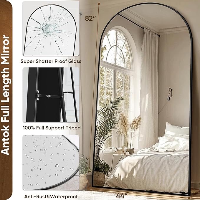 Antok Full Length Mirror, 44"x88" Floor Mirror with Stand, Hanging Mounted Mirrors for Bedroom, Living Room, Cloakroom, Dining Room, Black, Arched