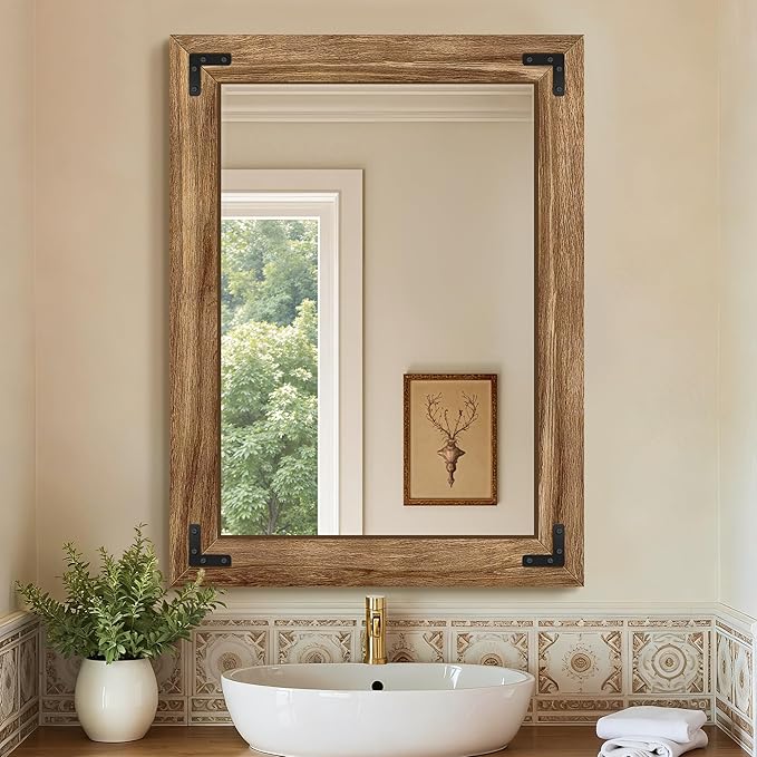 Wooden Bathroom Mirror for Wall, 32"x24" Solid Wood Frame Vanity Mirror, for Farmhouse, Bedroom, Living Room, Entryway Decor, Hangs Vertically or Horizontally