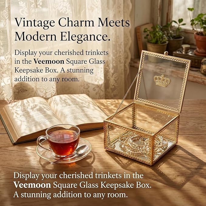 Veemoon Elegant Small Glass Jewelry Storage Box Clear Decorative Jewelry Display Case Lady Square Keepsake Box Trinket Organizer Vintage Make up Storage can for Earrings Pendants Cosmetic, 3.5×2.3"