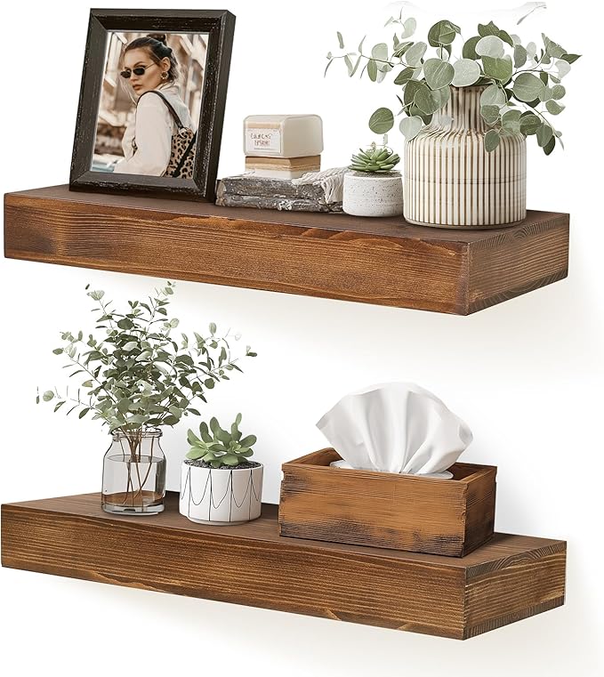 17x6.8x2 Inch Rustic Floating Shelves for Wall Set of 2 - Brown Solid Wood Wall Mounted Shelves with Invisible Bracket, Compact Design for Farmhouse Living Room Bedroom Kitchen Decor