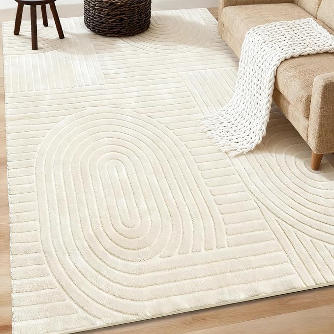 5x7 Solid Color Area Rugs – Washable Living Room Rug, Durable Non-Slip Indoor Carpet with Soft High-Low Pile, Fluffy Floor Rugs for Bedroom, Bedside, Kids Room, Dorm, Nursery, Home Décor, Beige