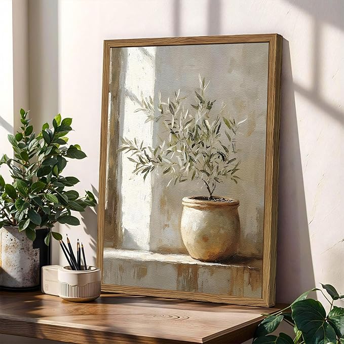 Framed Vintage Olive Tree Wall Art, Textured Sandstone Botanical Pictures Wall Decor, Rustic Neutral Potted Plant Paintings Prints Aesthetic Farmhouse Home Decor for Living Room Bedroom 12x16 inch
