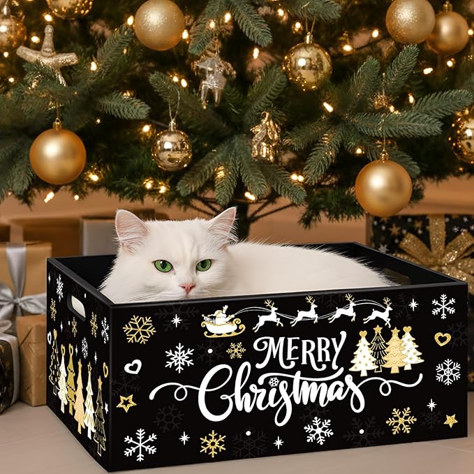 Soaoo Christmas Wooden Crate 11.4 x 8.3 x 5.4 Inch Merry Christmas Storage Box with Handles Decorative Rustic Farmhouse Wood Basket for Xmas Hot Cocoa Bar Candy Pet Table Decor (Black)