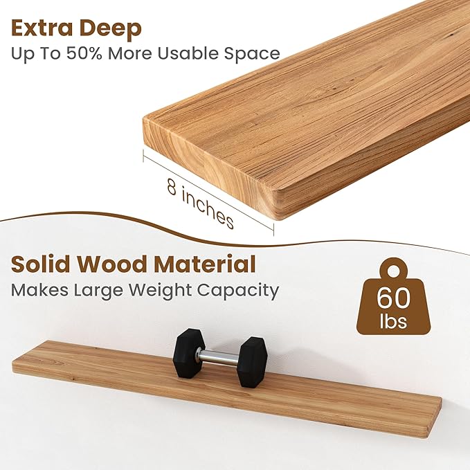 Floating Shelves for Wall, 48"Wx8"D Rustic Solid Elm Wood Floating Shelves Wall Mounted, Round Edge Wall Shelves with Invisible Bracket for Living Room Bathroom Bedroom Kitchen, Set of 1, Natural
